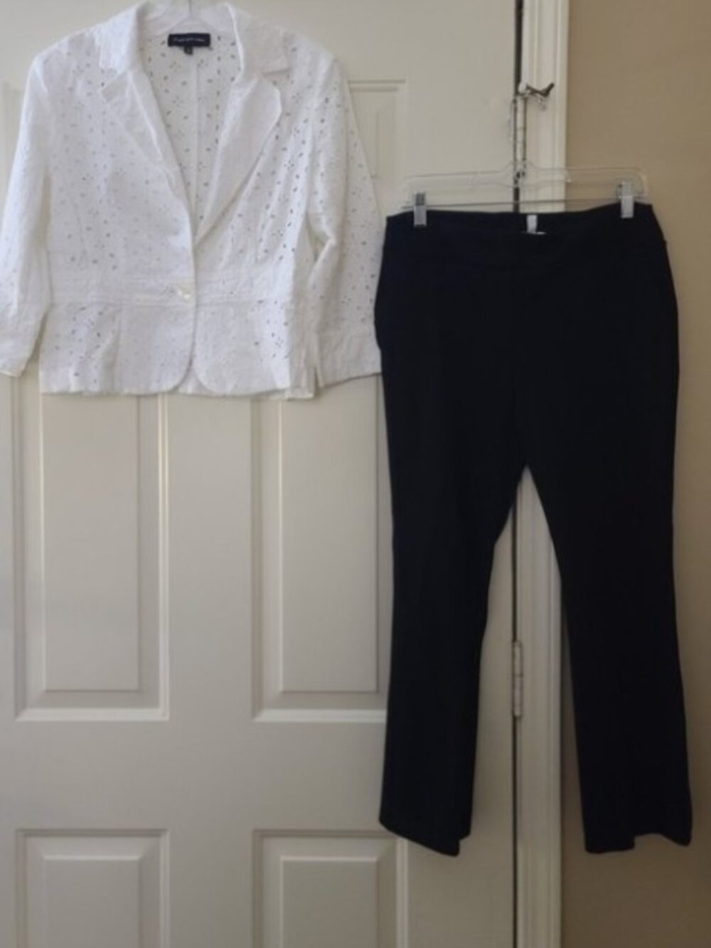 Jones New York  White Eyelet Blazer with Black Jules & Leopold Trousers